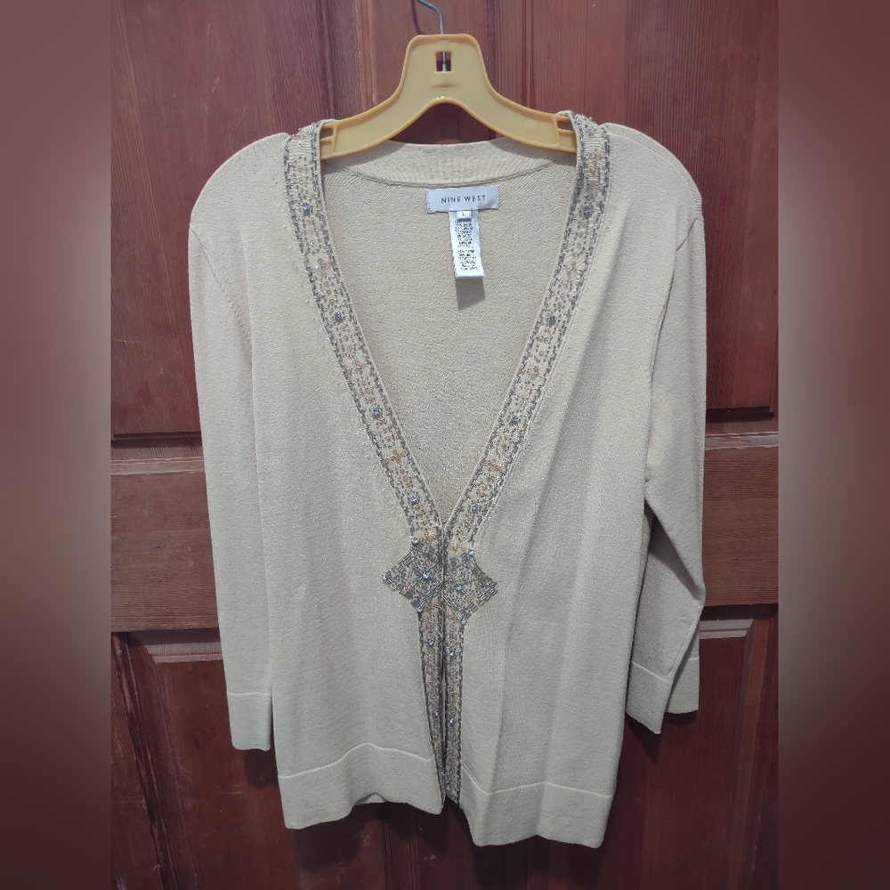 Nine West Sequins Beaded Trim Tan Silver Boho Ladies Long Sleeve Rayon Sweater L